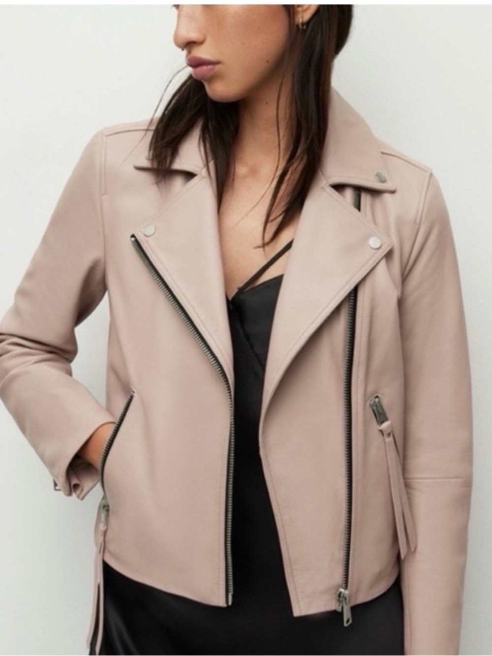 ALL SAINTS DALBY SLIM FIT LEATHER BIKER JACKET in color MISTY PINK size 2